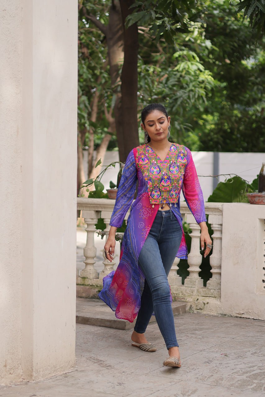 Purple Bandhani Print Faux Georgette Kurti with Kutchi Patchwork