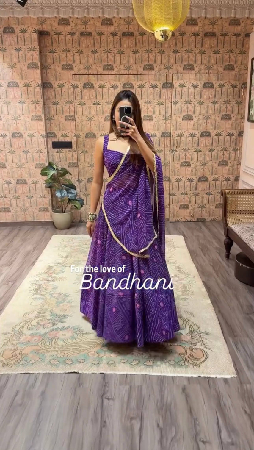 Purple Bandhani Print Faux Georgette Lehenga Choli Set with Dupatta –Navratri Special Festive Wear