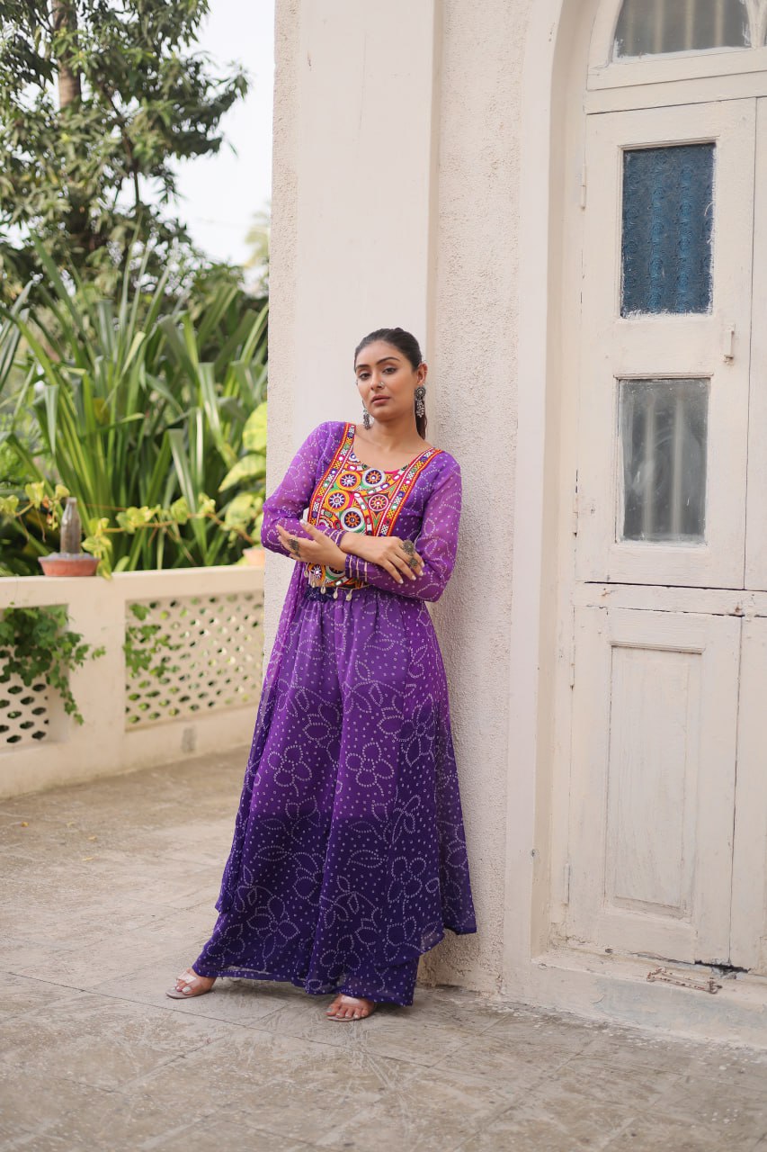 Purple Bandhani Print & Kutchi Gamthi Patchwork Top with Matching Bottom Set