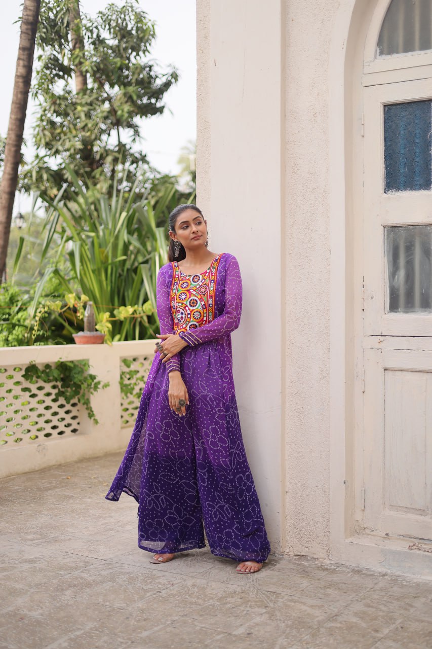 Purple Bandhani Print & Kutchi Gamthi Patchwork Top with Matching Bottom Set
