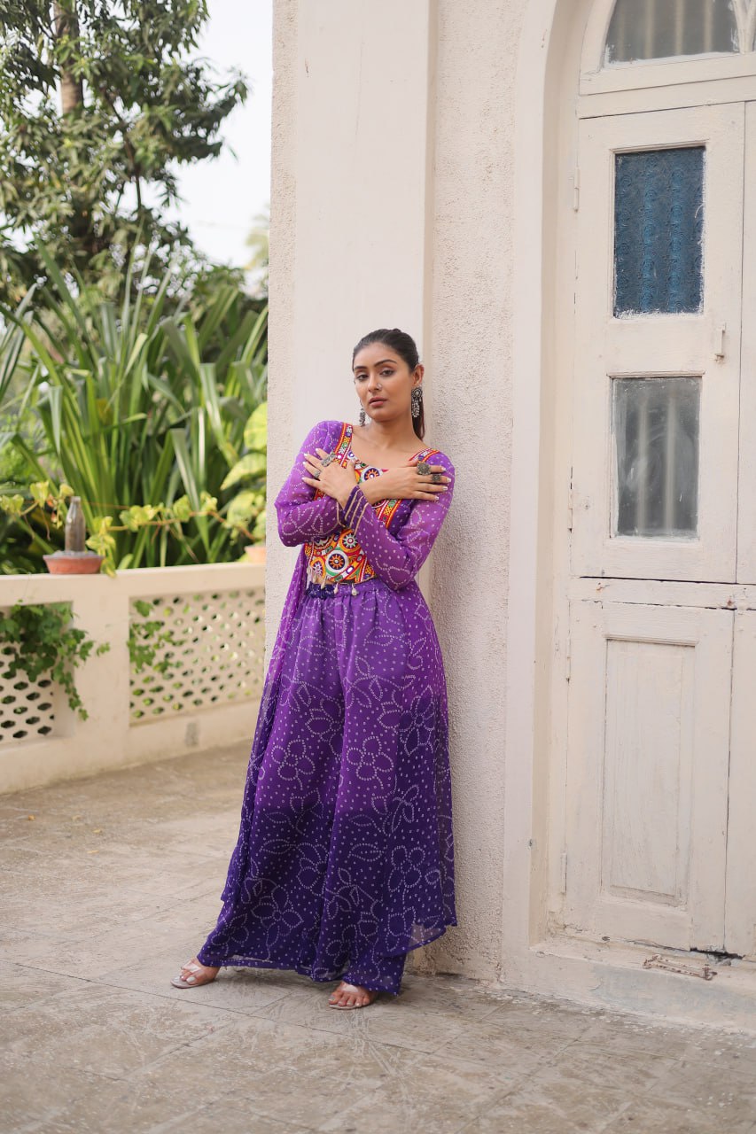Purple Bandhani Print & Kutchi Gamthi Patchwork Top with Matching Bottom Set