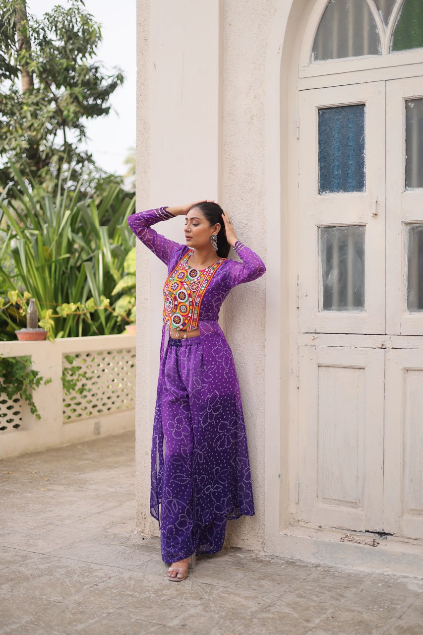 Purple Bandhani Print & Kutchi Gamthi Patchwork Top with Matching Bottom Set