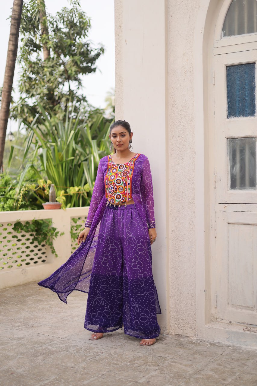 Purple Bandhani Print & Kutchi Gamthi Patchwork Top with Matching Bottom Set