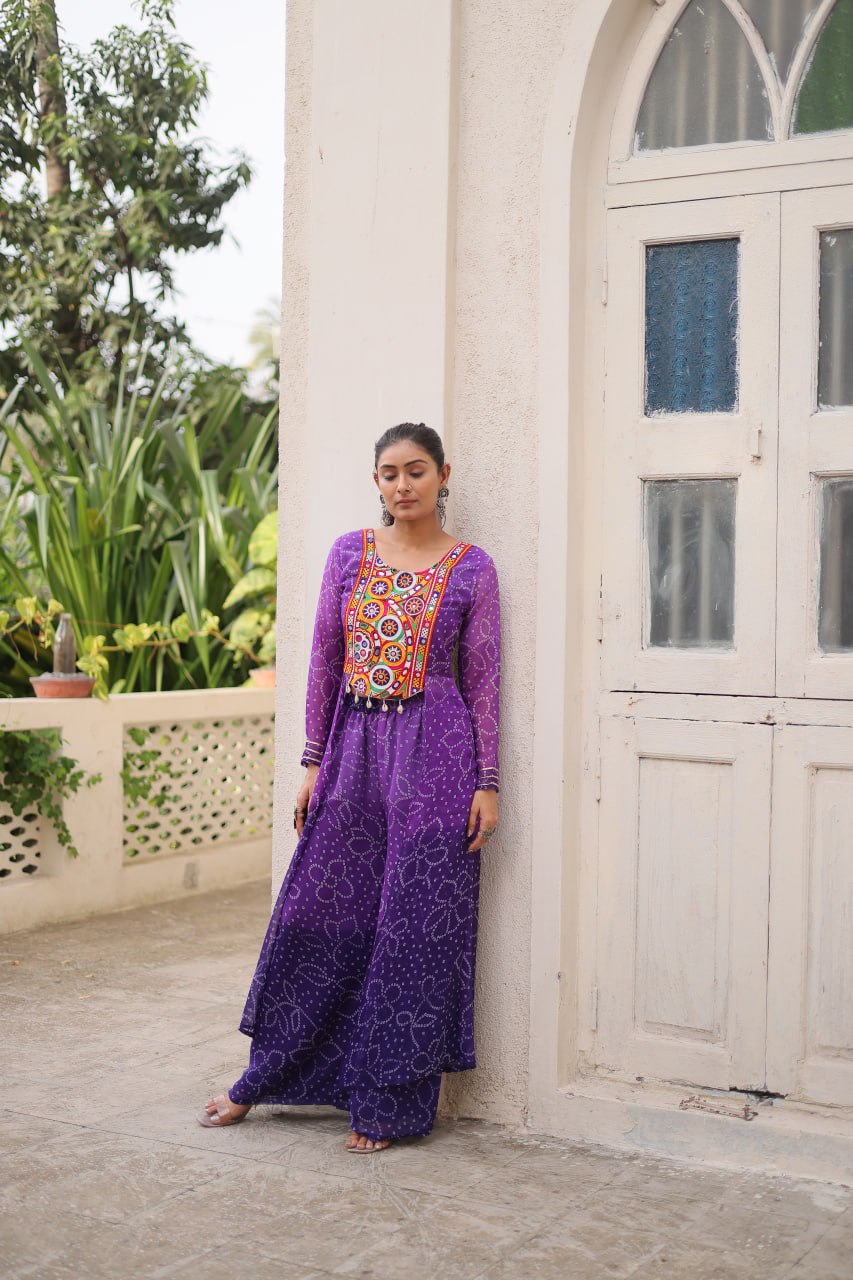 Purple Bandhani Print & Kutchi Gamthi Patchwork Top with Matching Bottom Set