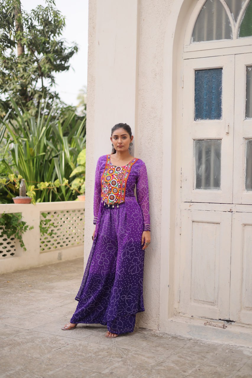 Purple Bandhani Print & Kutchi Gamthi Patchwork Top with Matching Bottom Set