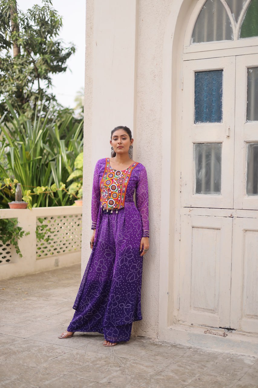 Purple Bandhani Print & Kutchi Gamthi Patchwork Top with Matching Bottom Set
