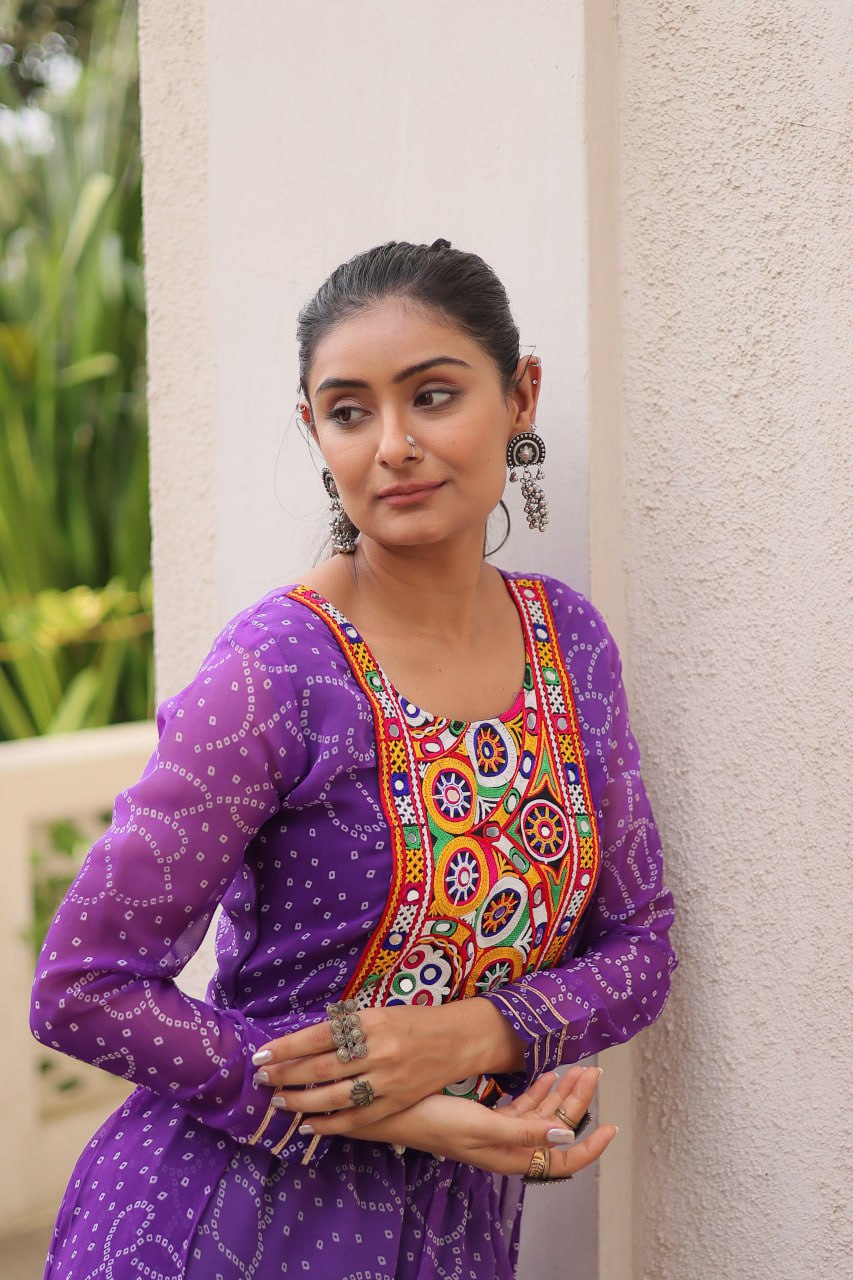 Purple Bandhani Print & Kutchi Gamthi Patchwork Top with Matching Bottom Set