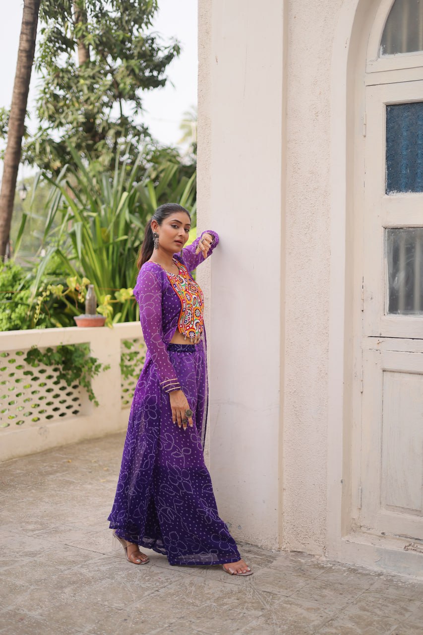 Purple Bandhani Print & Kutchi Gamthi Patchwork Top with Matching Bottom Set