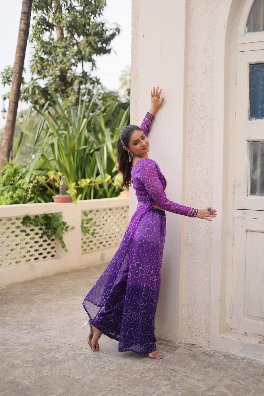 Purple Bandhani Print & Kutchi Gamthi Patchwork Top with Matching Bottom Set