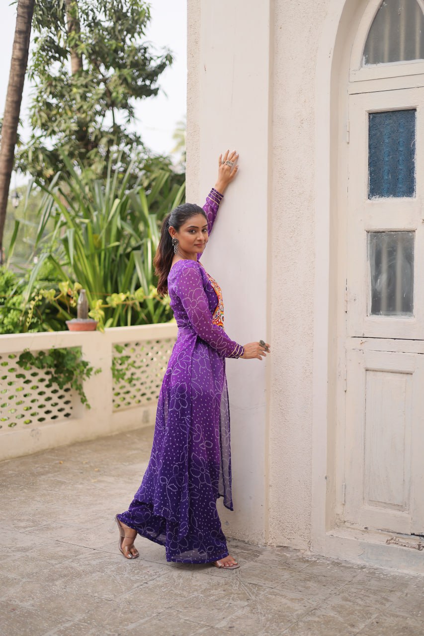 Purple Bandhani Print & Kutchi Gamthi Patchwork Top with Matching Bottom Set