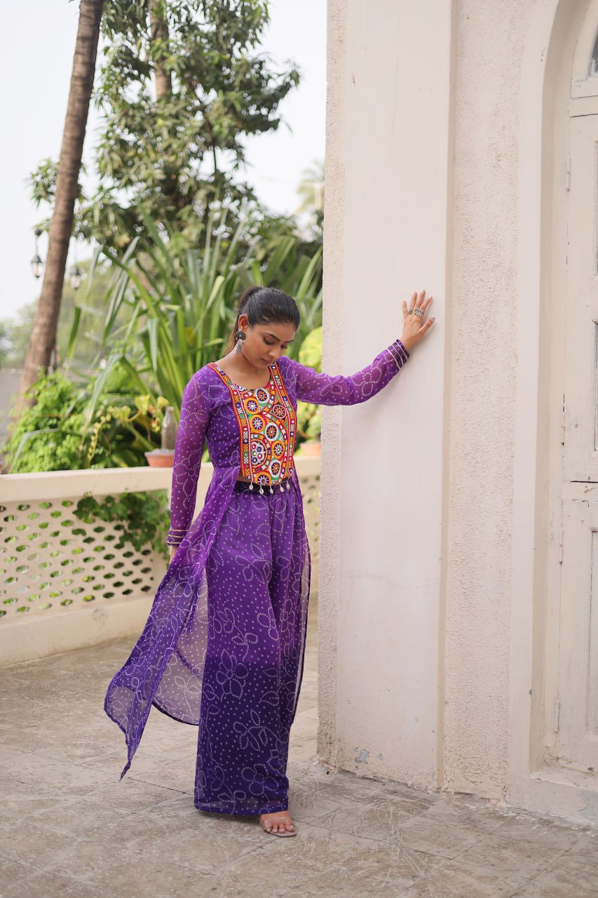 Purple Bandhani Print & Kutchi Gamthi Patchwork Top with Matching Bottom Set
