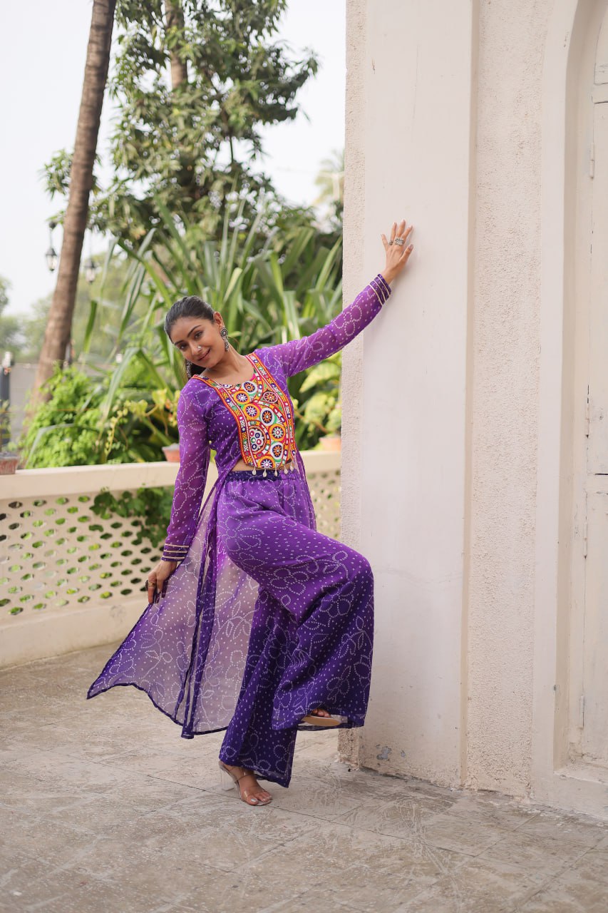 Purple Bandhani Print & Kutchi Gamthi Patchwork Top with Matching Bottom Set