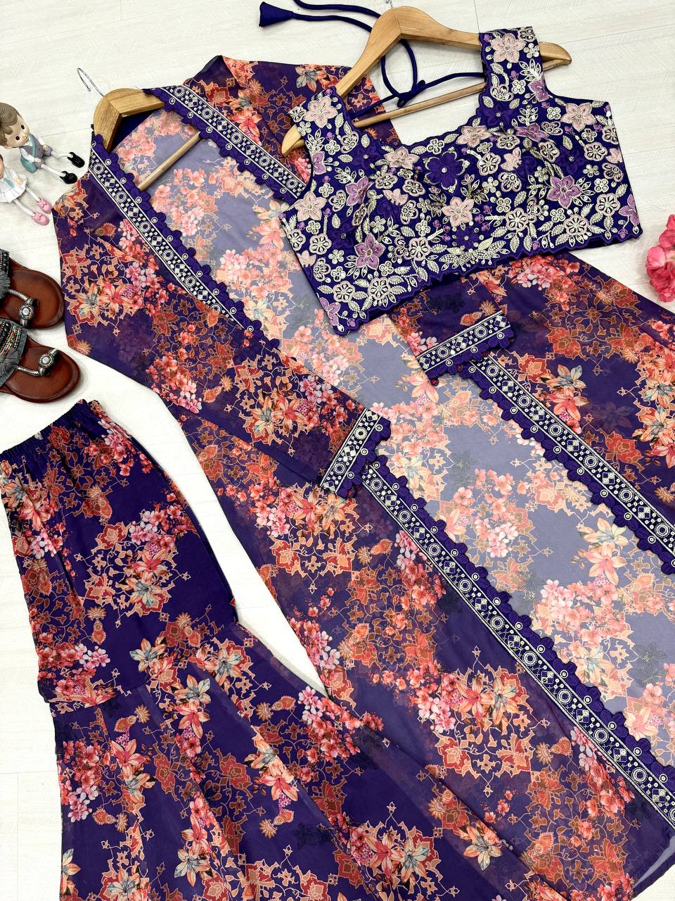 Purple Bollywood Style Indo-Western Koti, Plazzo & Blouse Set with Floral Digital Print & 5MM Sequins Work