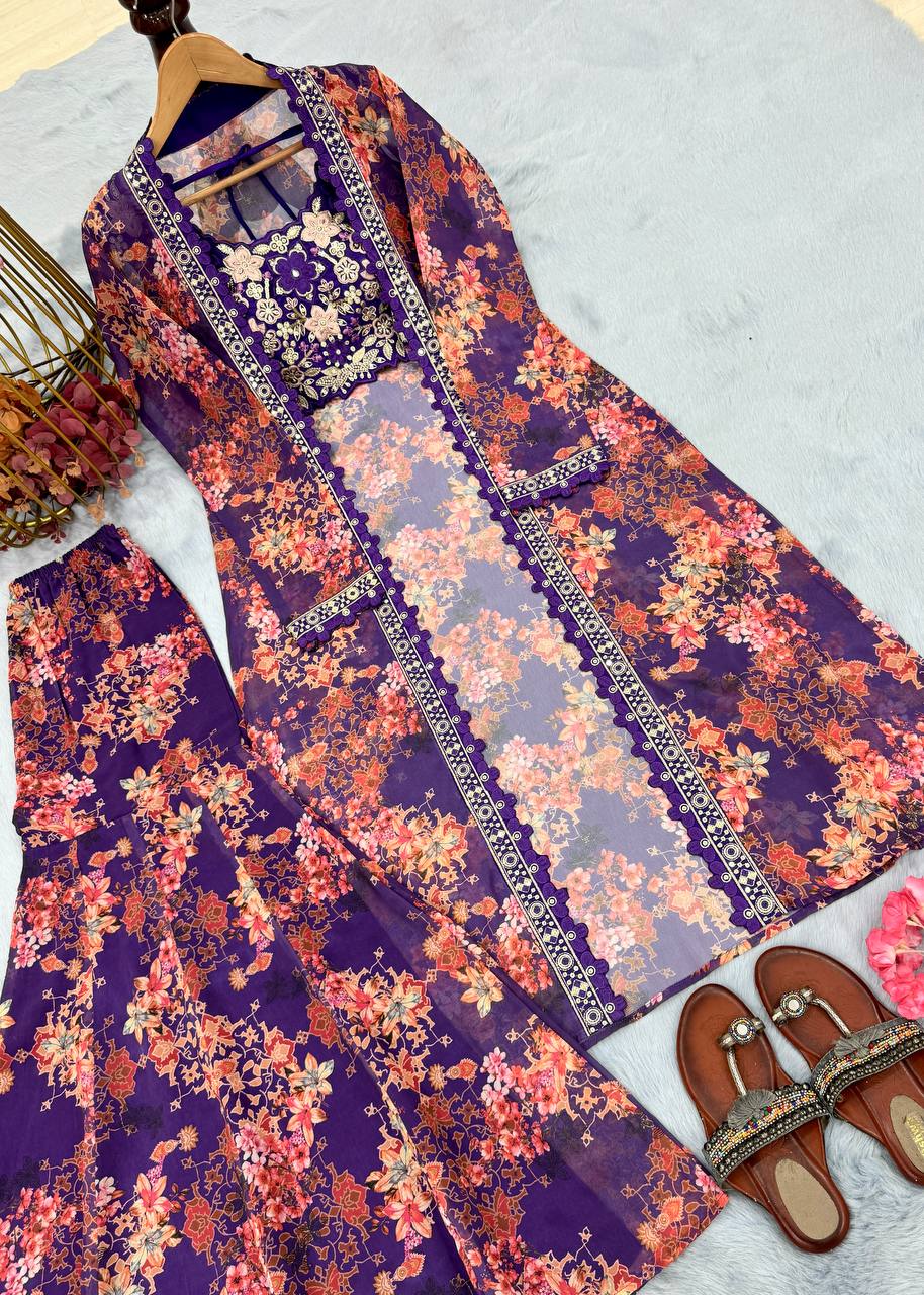 Purple Bollywood Style Indo-Western Koti, Plazzo & Blouse Set with Floral Digital Print & 5MM Sequins Work