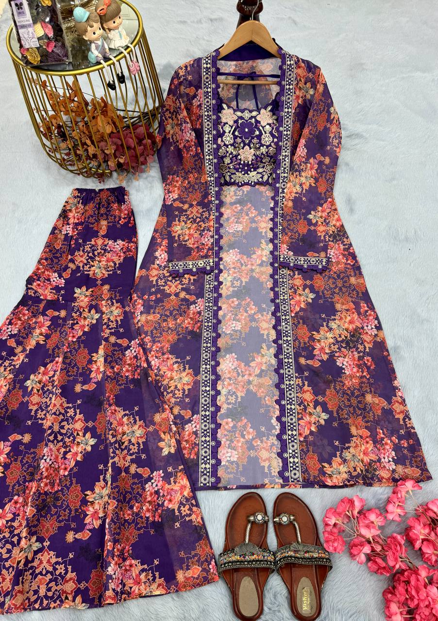 Purple Bollywood Style Indo-Western Koti, Plazzo & Blouse Set with Floral Digital Print & 5MM Sequins Work