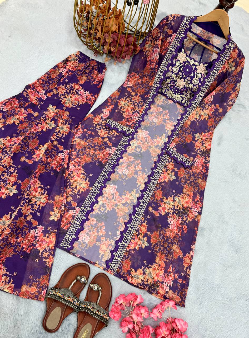 Purple Bollywood Style Indo-Western Koti, Plazzo & Blouse Set with Floral Digital Print & 5MM Sequins Work