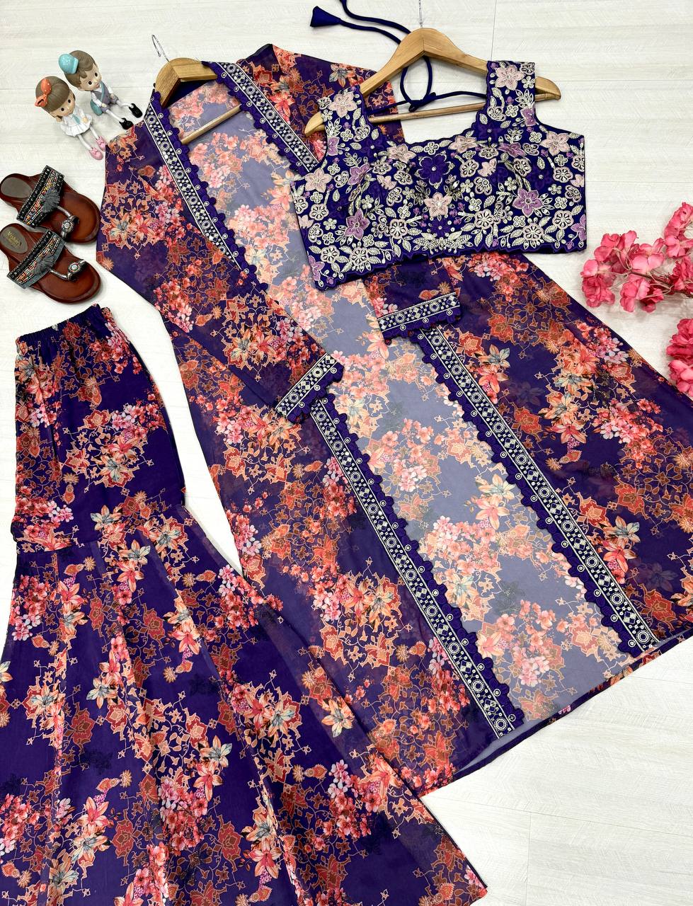 Purple Bollywood Style Indo-Western Koti, Plazzo & Blouse Set with Floral Digital Print & 5MM Sequins Work