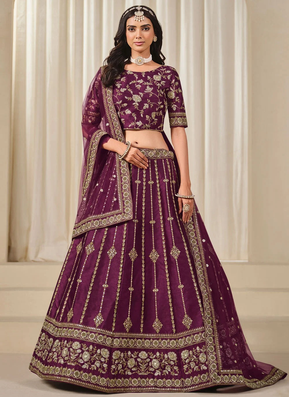 Regal purple bridesmaid lehenga for wedding functions in art silk