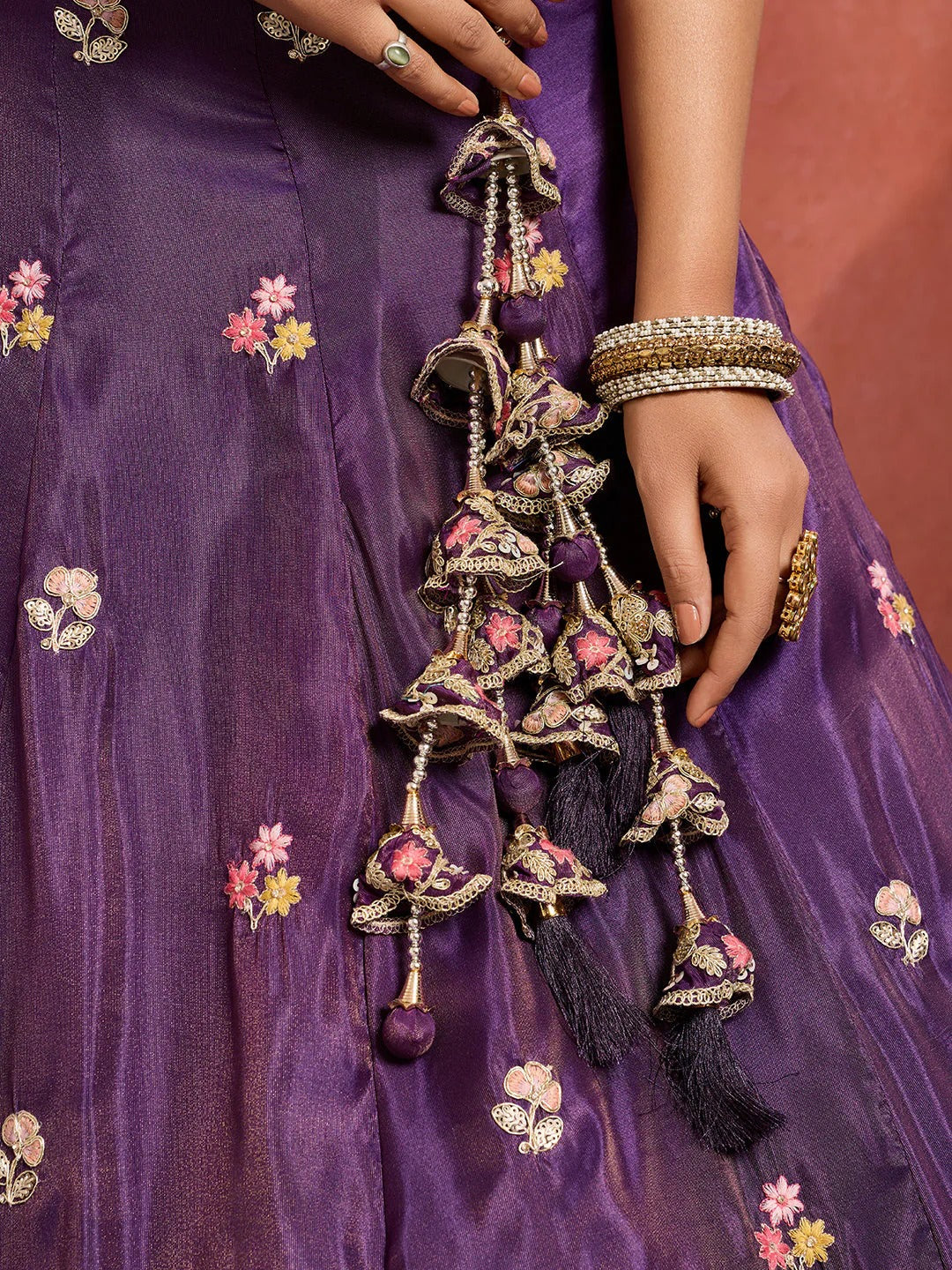 Royal purple tissue bridesmaid lehenga with sequins thread embroidery
