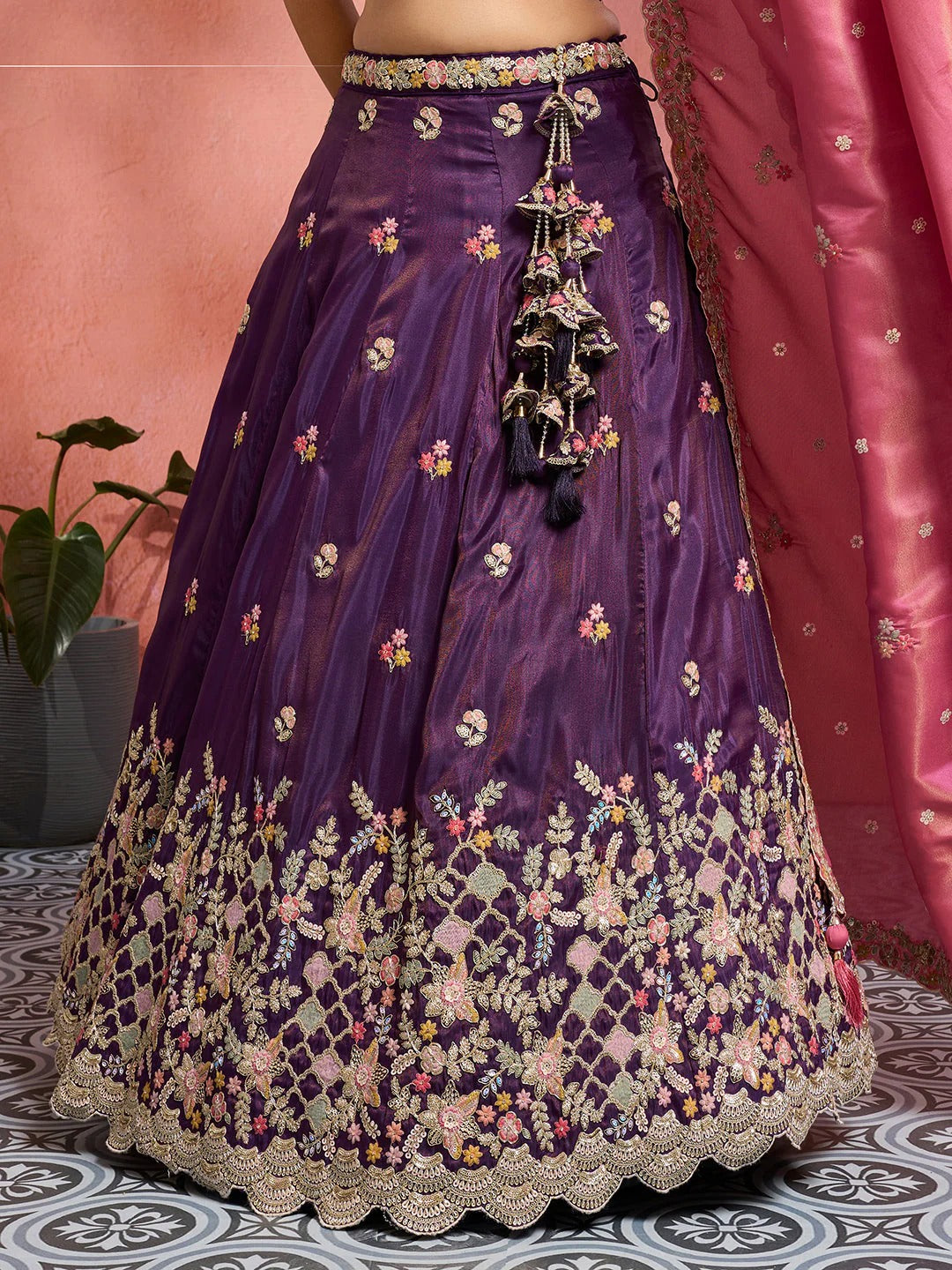 Royal purple tissue bridesmaid lehenga with sequins thread embroidery