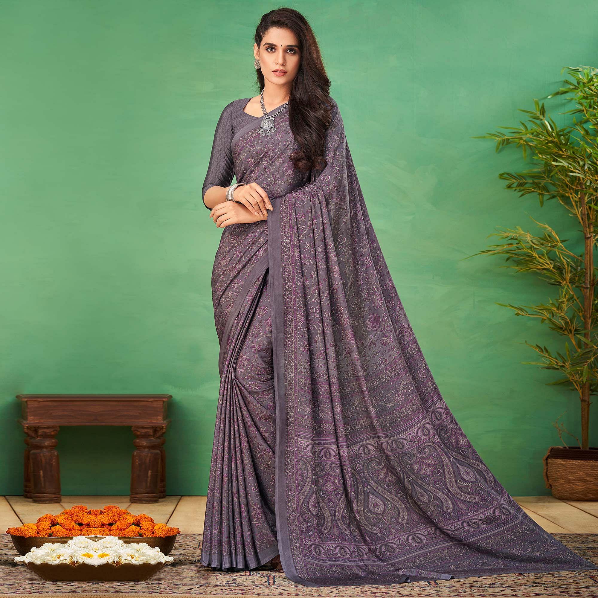Purple Casual Wear Printed Silk Saree