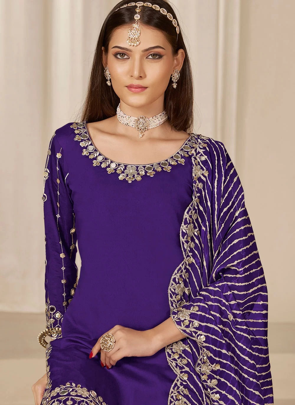 Royal purple chanderi silk punjabi suit with mirror embroidery