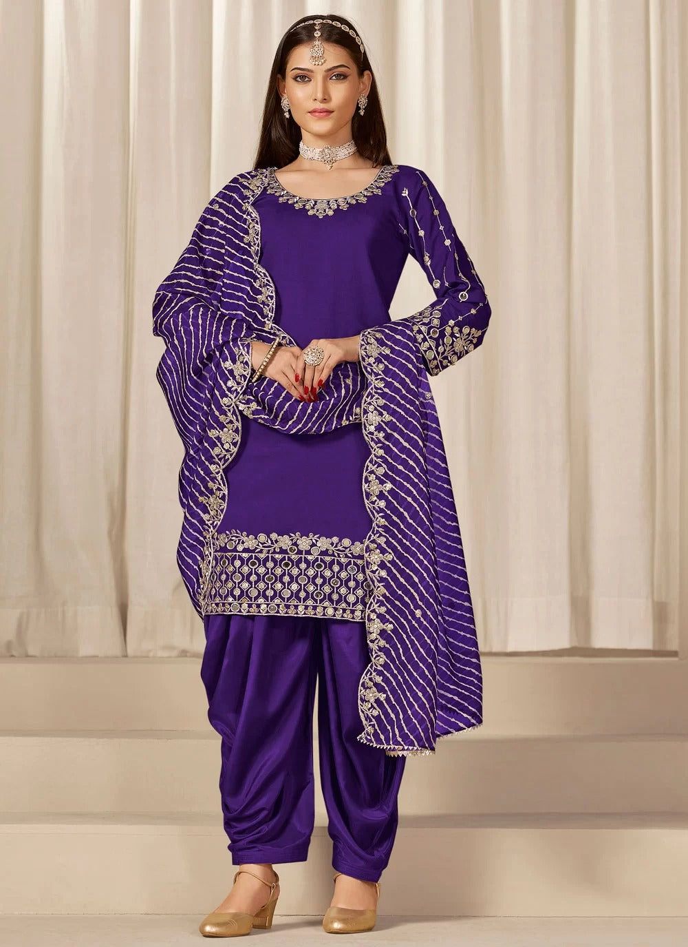 Royal purple chanderi silk punjabi suit with mirror embroidery