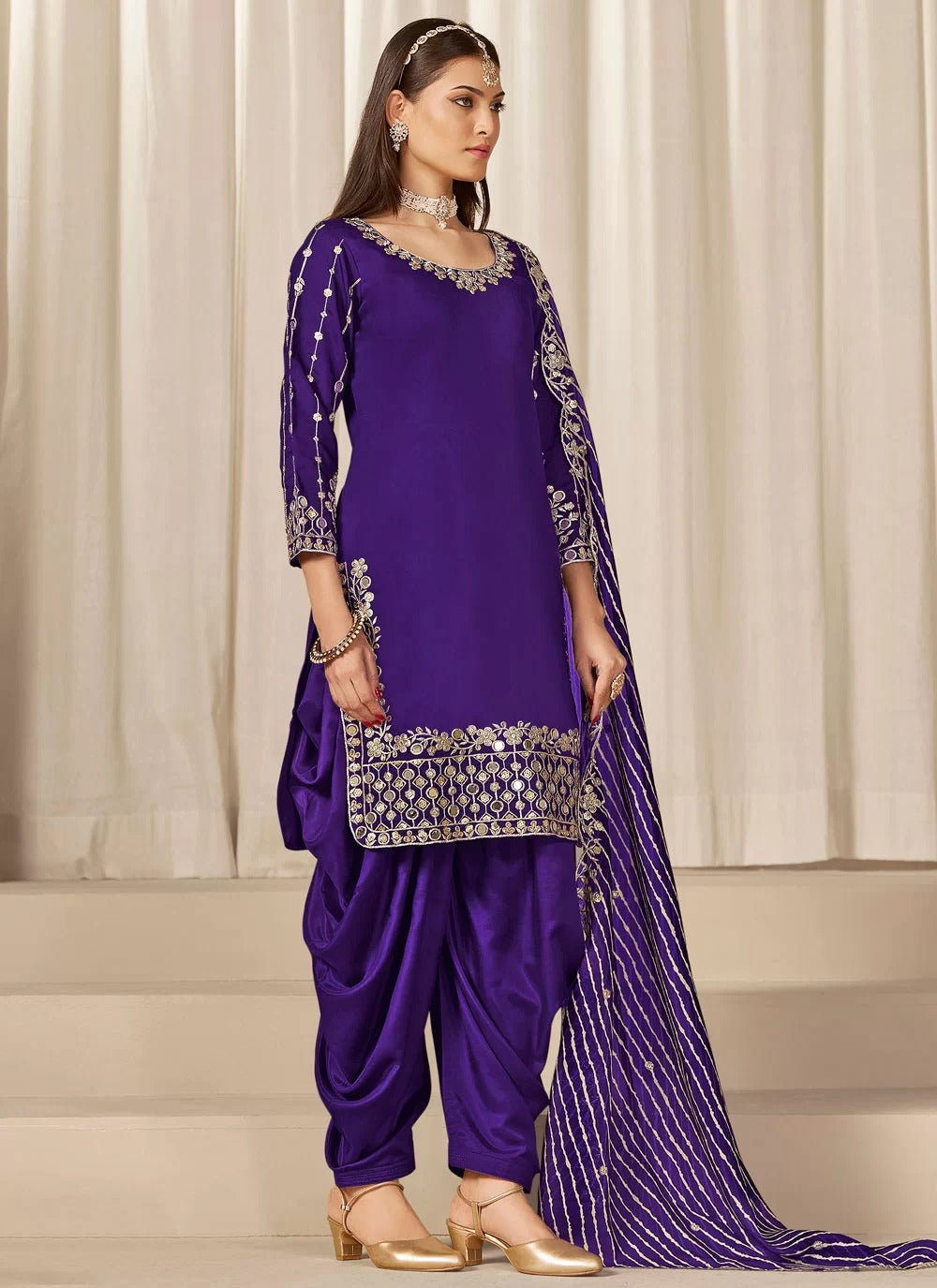 Royal purple chanderi silk punjabi suit with mirror embroidery