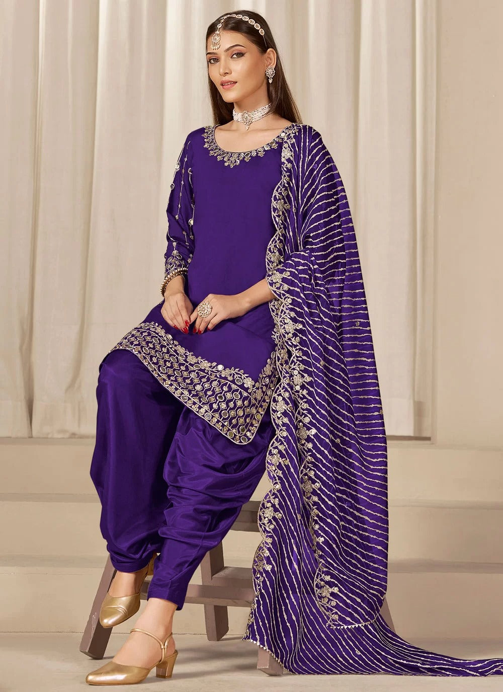 Royal purple chanderi silk punjabi suit with mirror embroidery