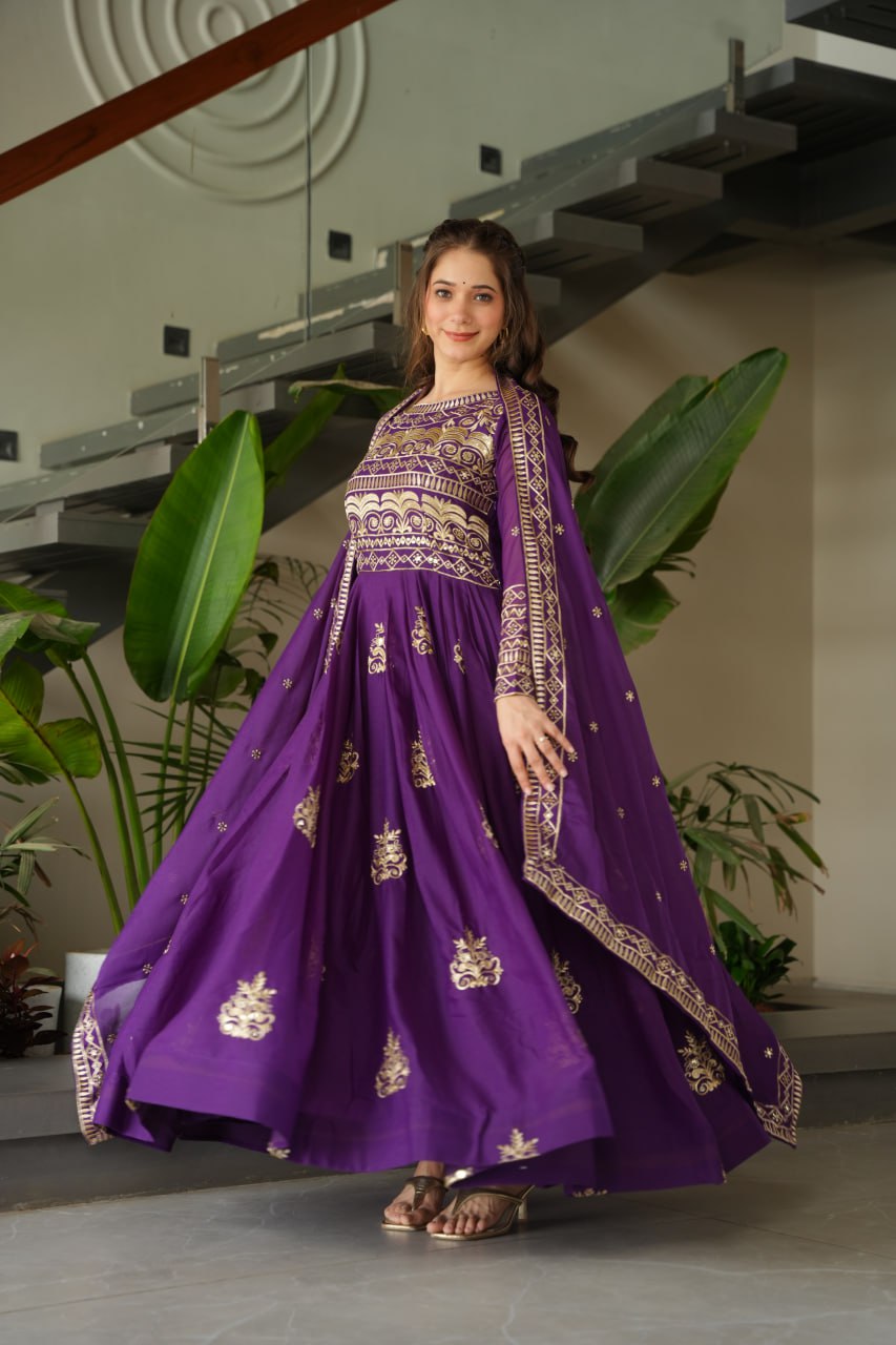 Purple Chinnon Sequins & Beads Embroidered Gown with Dupatta