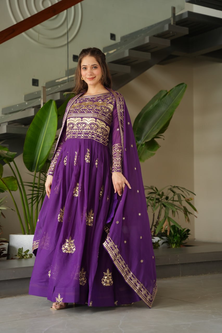 Purple Chinnon Sequins & Beads Embroidered Gown with Dupatta