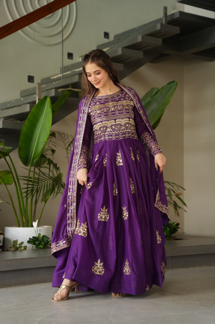 Purple Chinnon Sequins & Beads Embroidered Gown with Dupatta