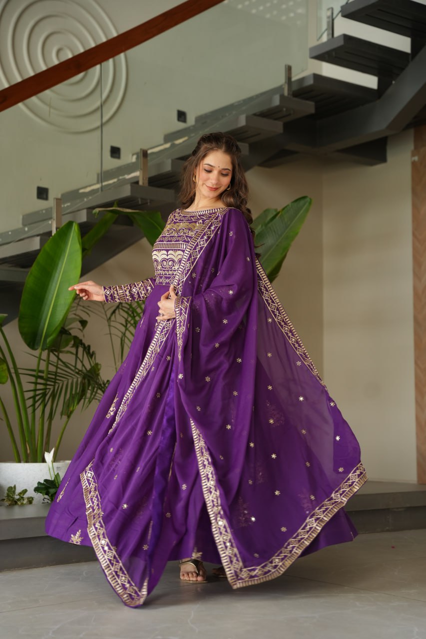 Purple Chinnon Sequins & Beads Embroidered Gown with Dupatta