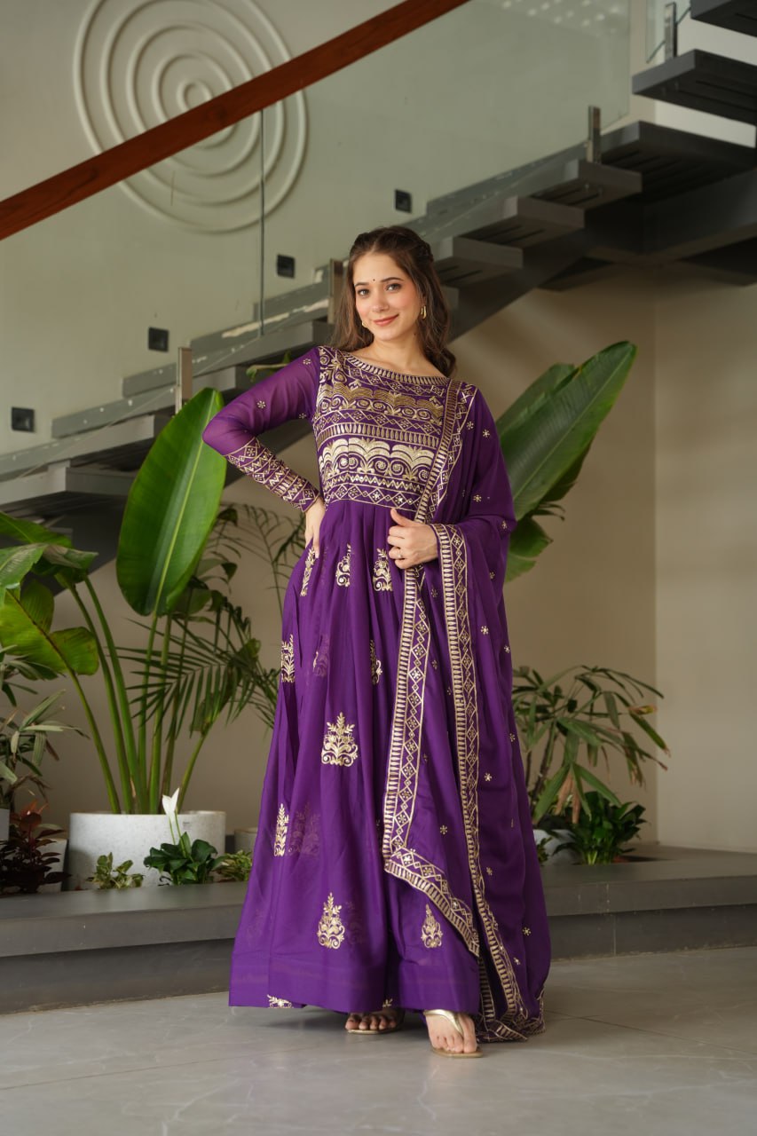 Purple Chinnon Sequins & Beads Embroidered Gown with Dupatta