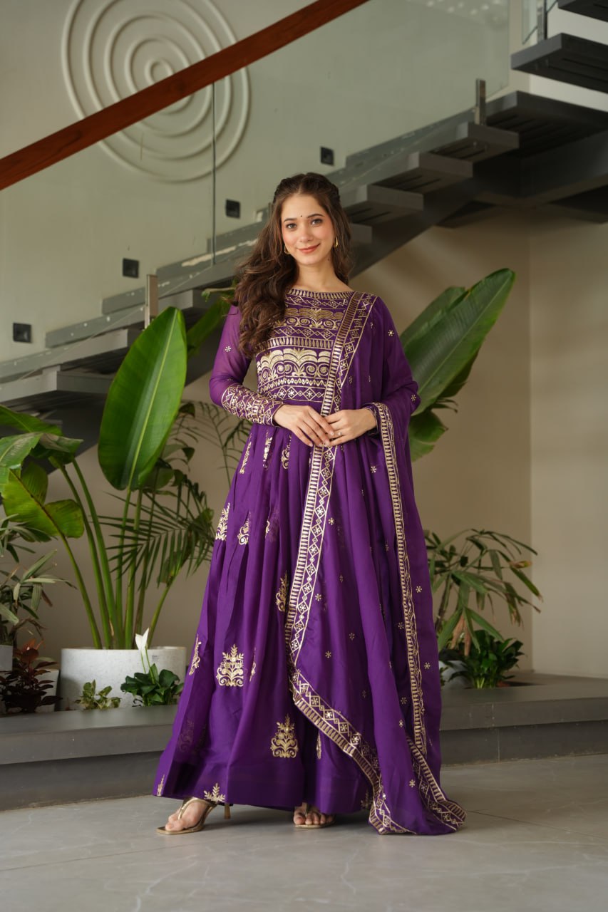 Purple Chinnon Sequins & Beads Embroidered Gown with Dupatta