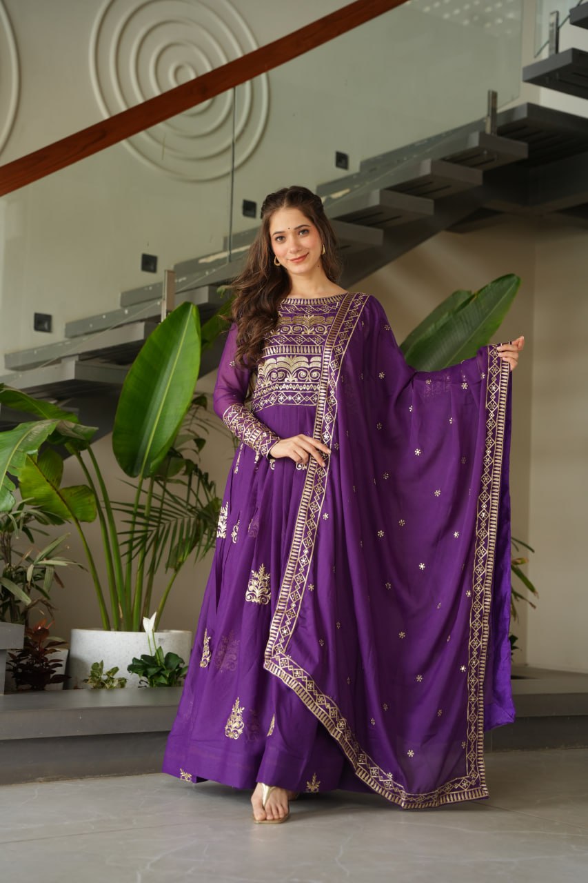 Purple Chinnon Sequins & Beads Embroidered Gown with Dupatta