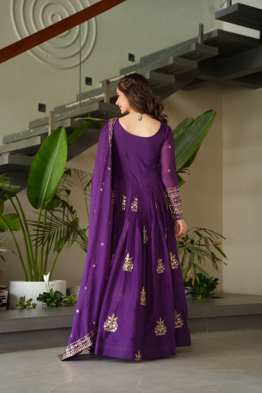 Purple Chinnon Sequins & Beads Embroidered Gown with Dupatta