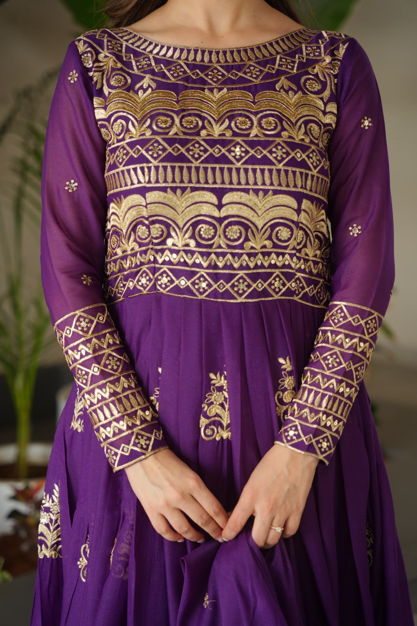 Purple Chinnon Sequins & Beads Embroidered Gown with Dupatta