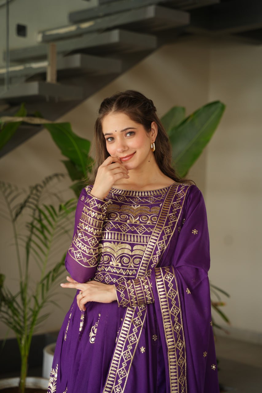 Purple Chinnon Sequins & Beads Embroidered Gown with Dupatta