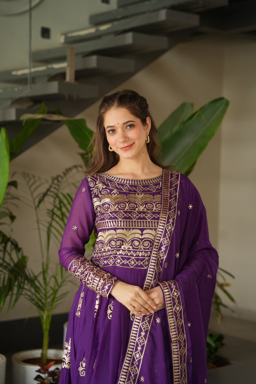 Purple Chinnon Sequins & Beads Embroidered Gown with Dupatta