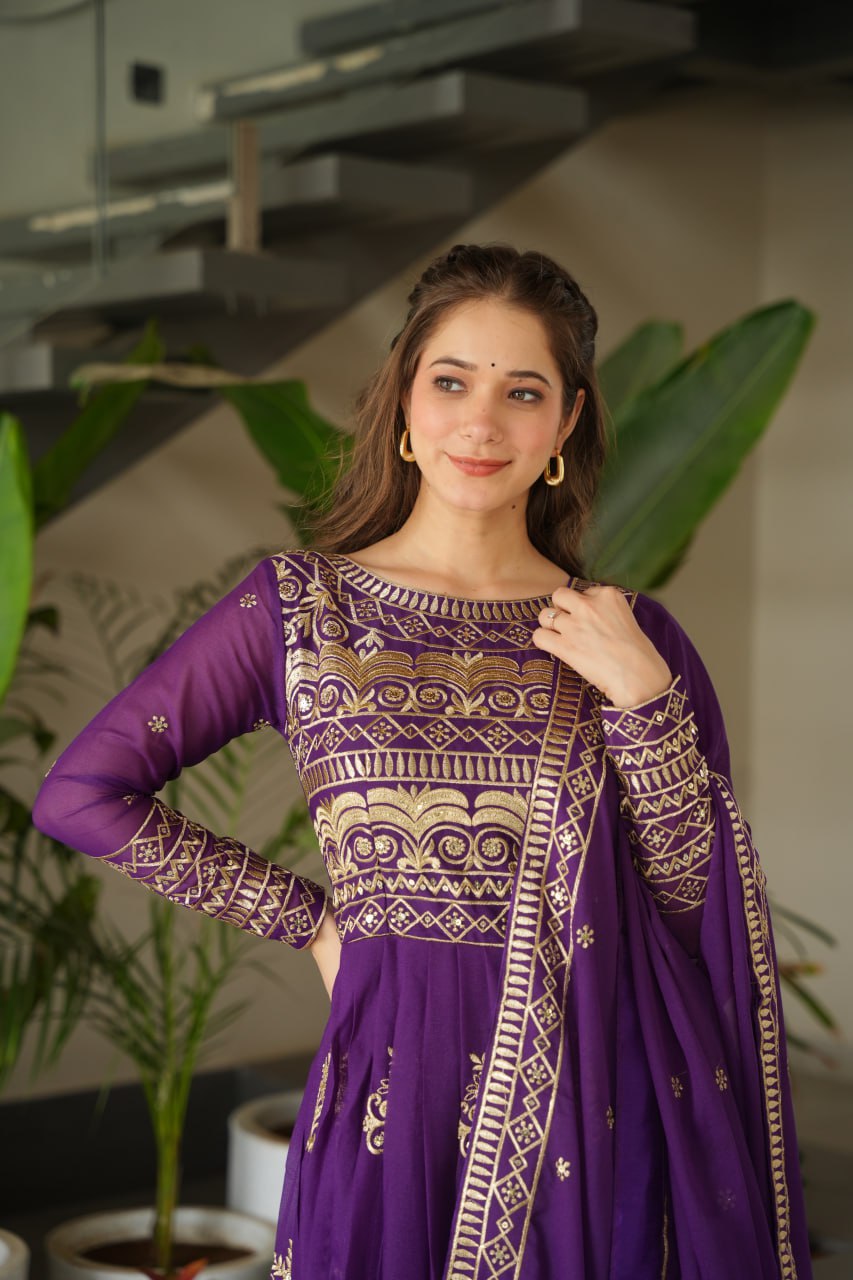 Purple Chinnon Sequins & Beads Embroidered Gown with Dupatta