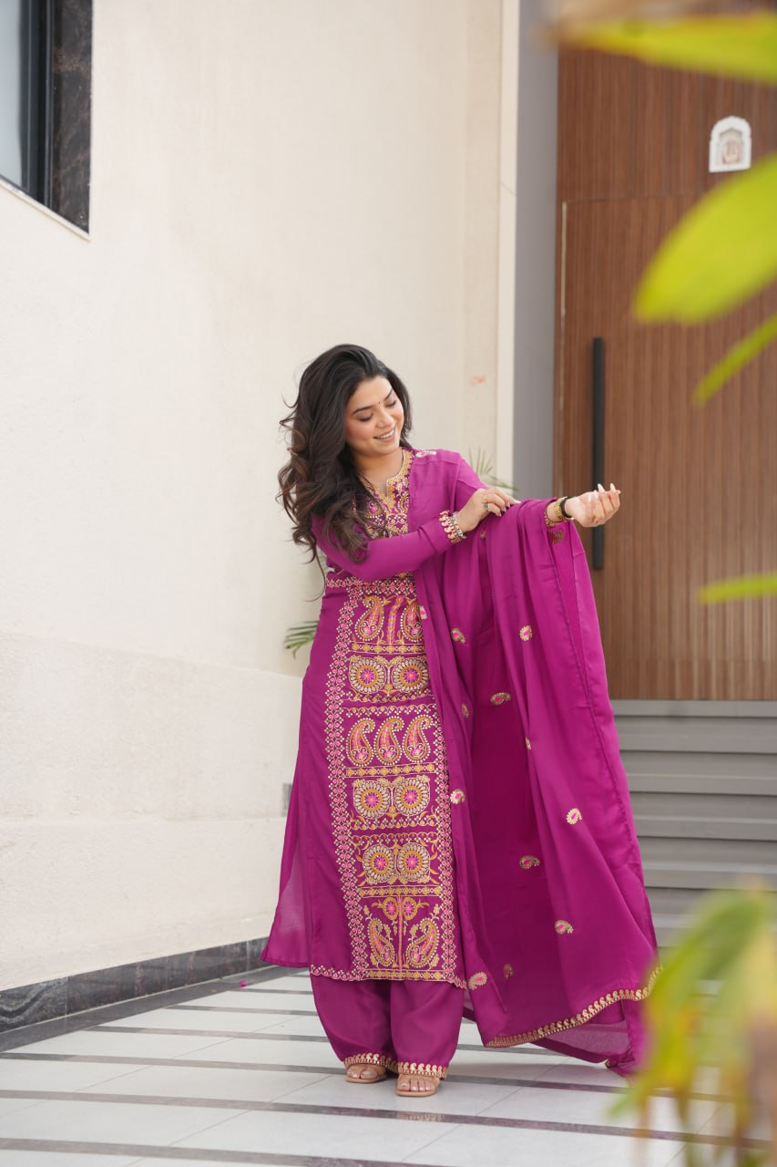 Wine Chinnon Silk Embroidered Top Pant Set