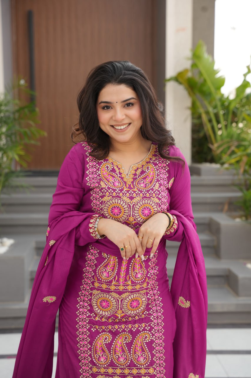 Wine Chinnon Silk Embroidered Top Pant Set