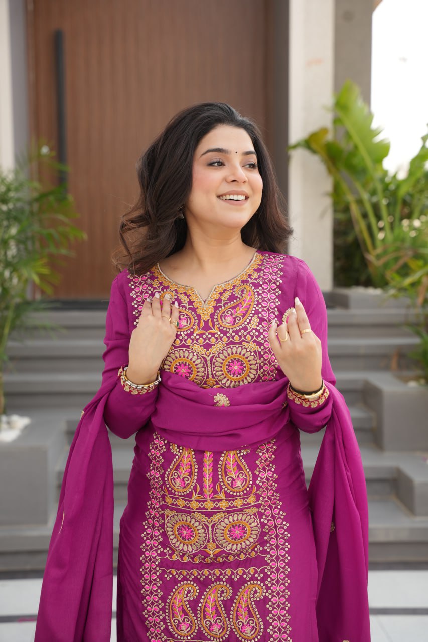Wine Chinnon Silk Embroidered Top Pant Set