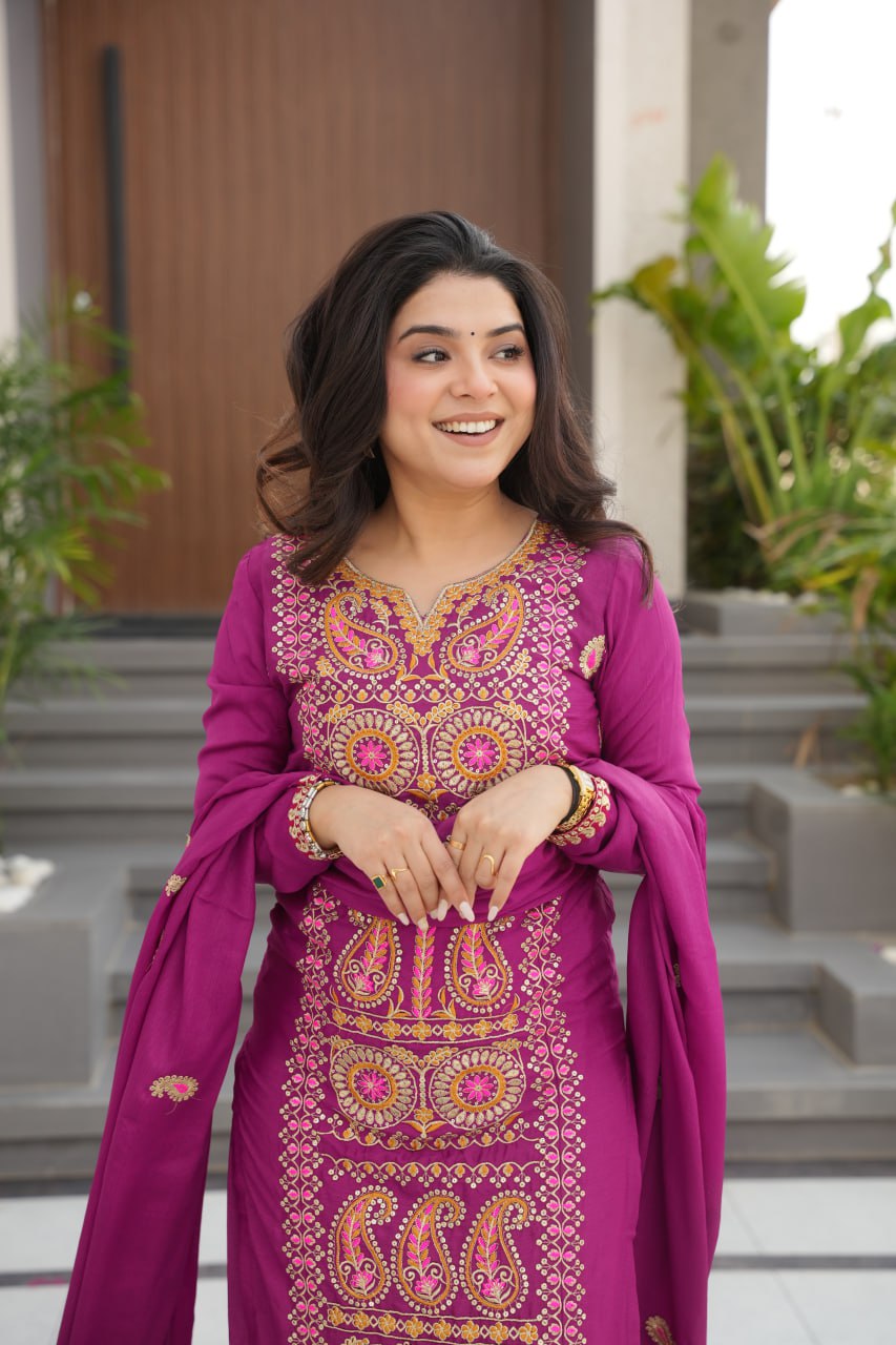 Wine Chinnon Silk Embroidered Top Pant Set
