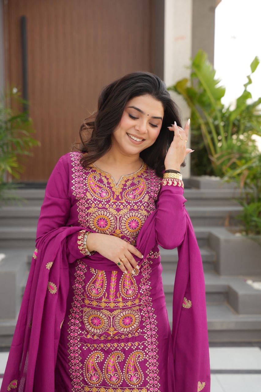 Wine Chinnon Silk Embroidered Top Pant Set