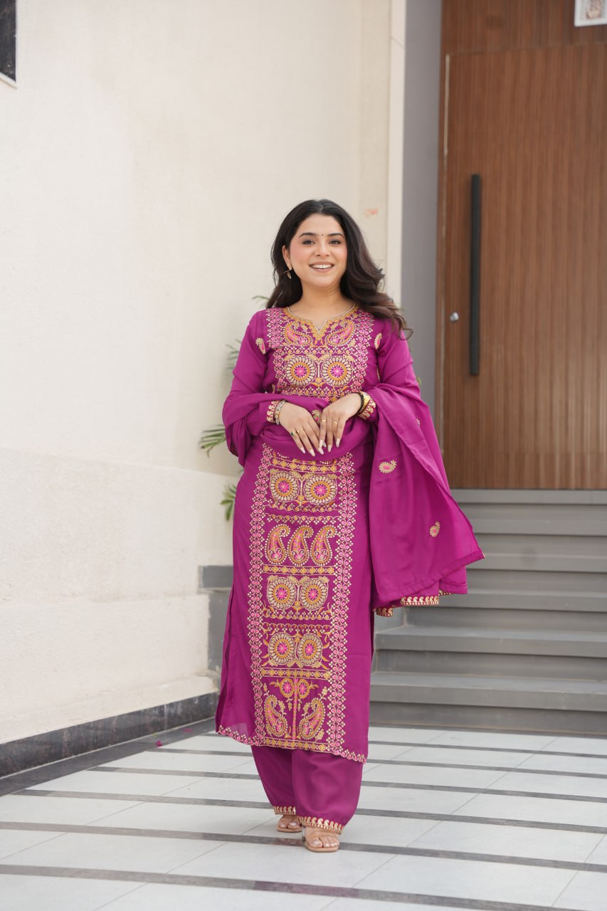 Wine Chinnon Silk Embroidered Top Pant Set