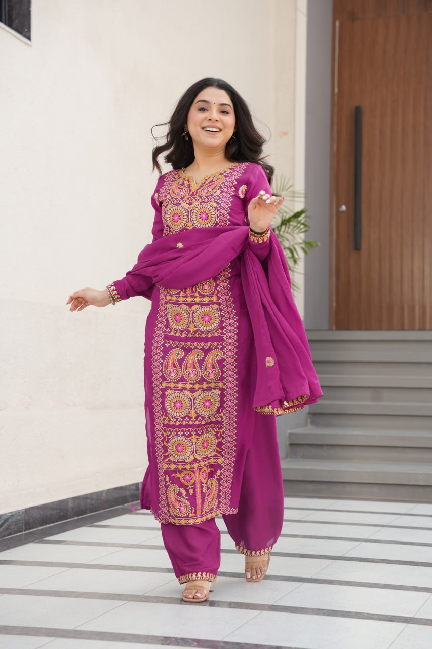 Wine Chinnon Silk Embroidered Top Pant Set