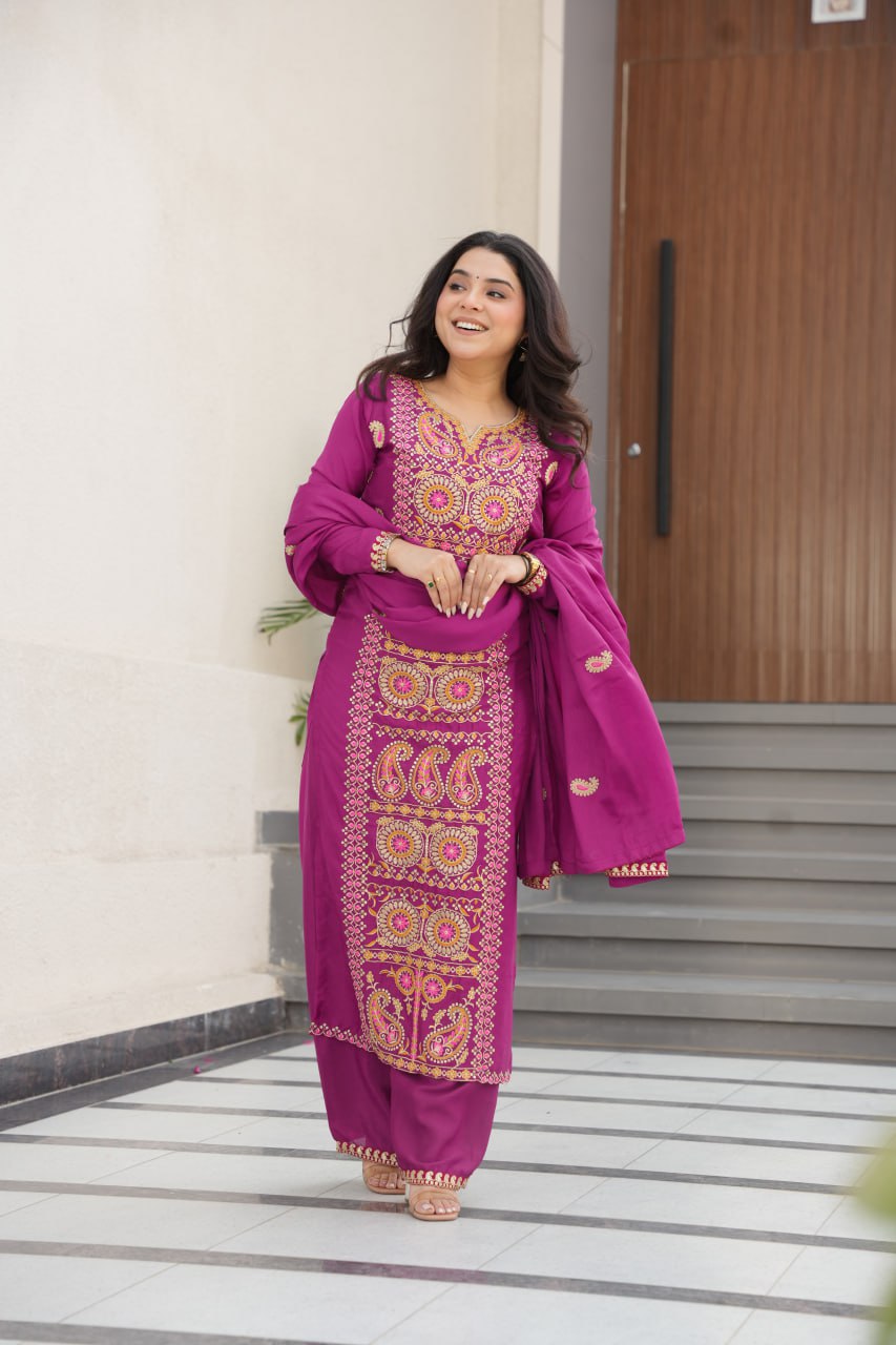 Wine Chinnon Silk Embroidered Top Pant Set