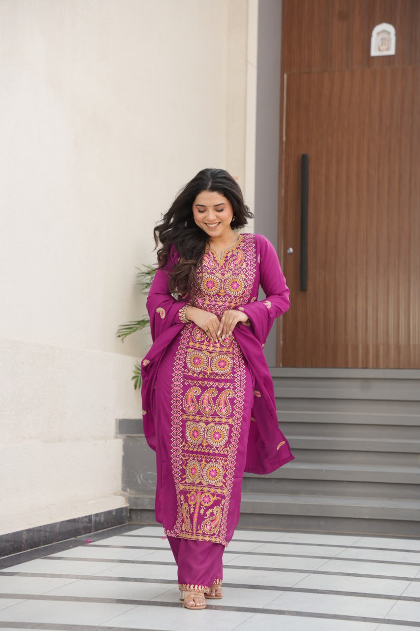 Wine Chinnon Silk Embroidered Top Pant Set